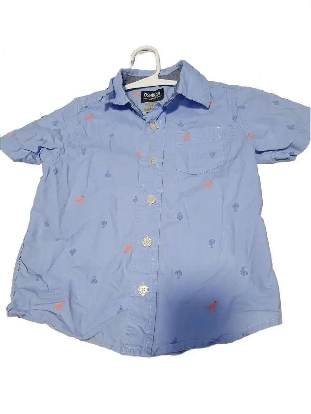 OshKosh B'gosh Boys 3T Light Blue Button-Up Shirt with Dinosaur and Cactus Print